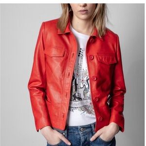 Zadig & Voltaire Red Orange Liam Leather Button-Front Jacket